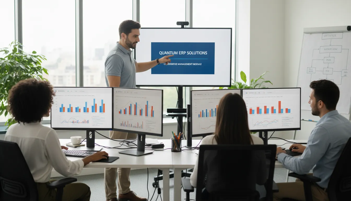 Técnico de TI treinando equipe no uso de software de gestão com gráficos coloridos em ambiente colaborativo.