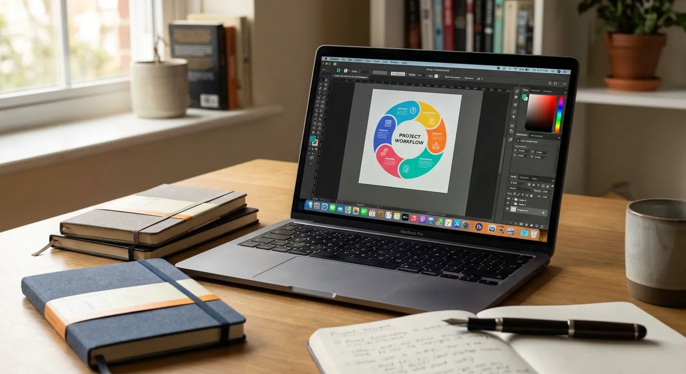 Mesa de trabalho com laptop aberto mostrando editor de infográficos, ambiente de criação de conteúdo