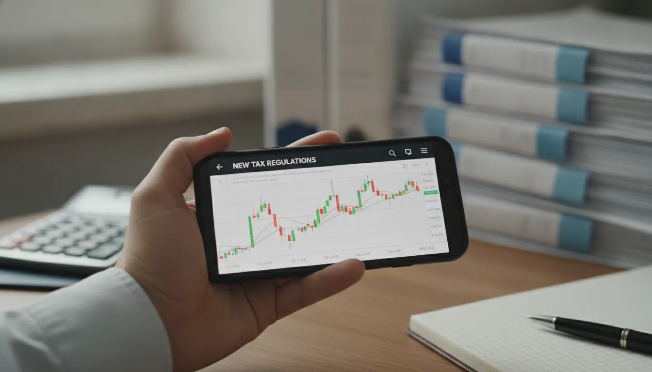 Mão segura smartphone com app crypto e notificação de novas regras fiscais, essencial para crypto tax reporting relief.