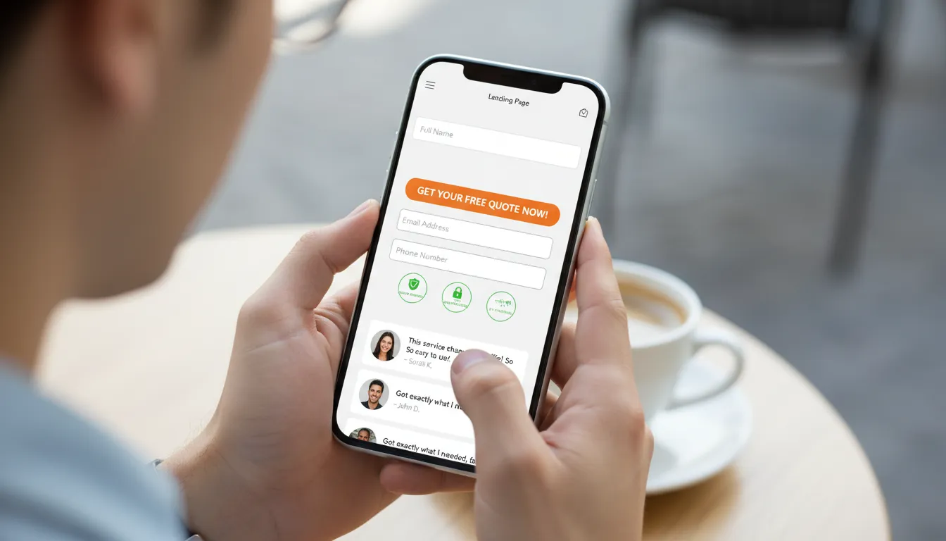 Landing Page para 2026: Template + Checklist de Conversão 1 Usuário visualizando landing page otimizada no smartphone, com CTA claro, depoimentos e design responsivo.
