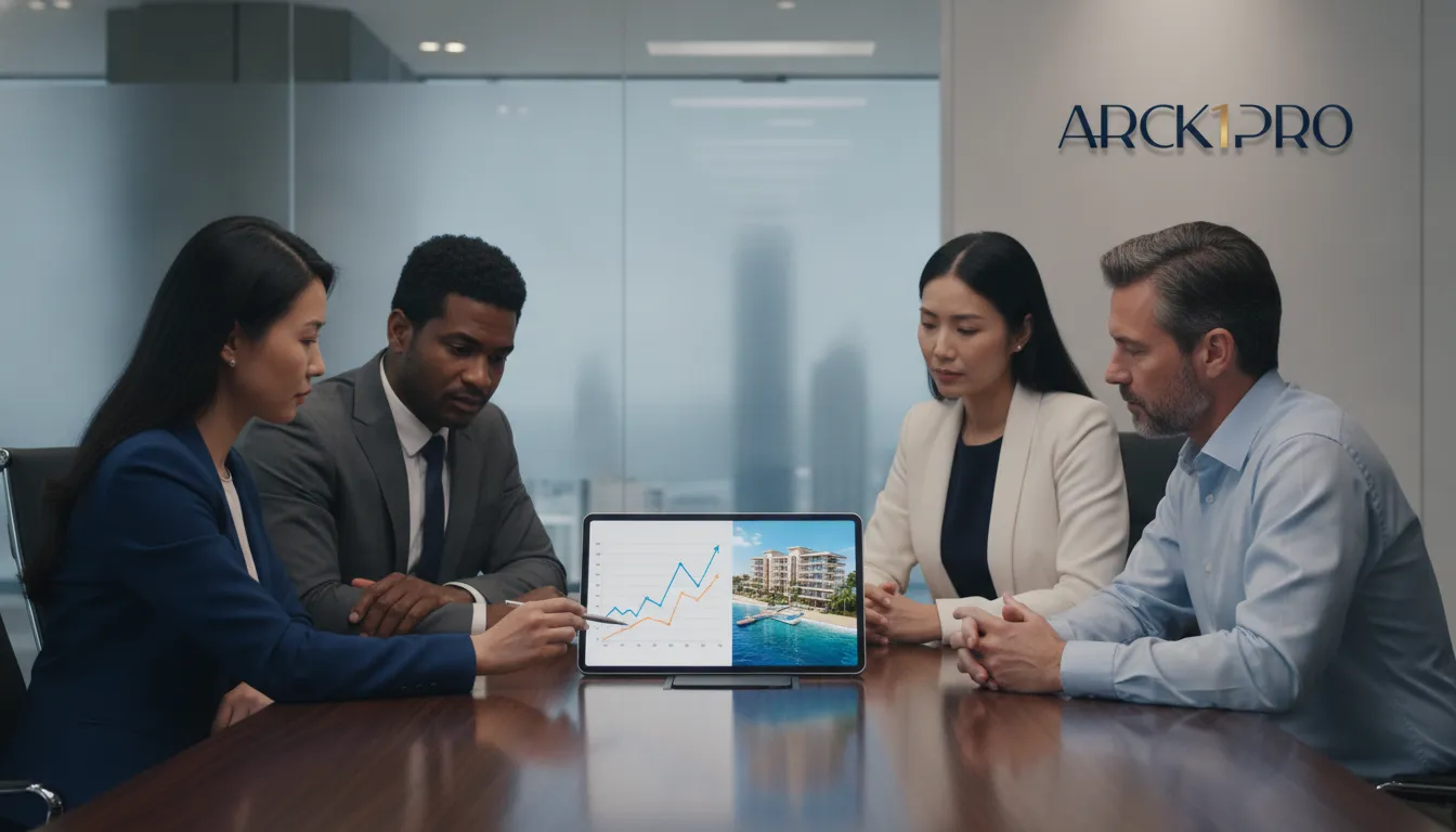 Profissionais analisam dados de investimento em incorporação imobiliária. Foco em estratégia e previsibilidade financeira.