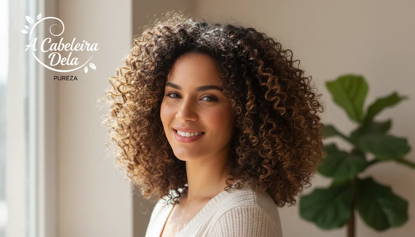 Mulher feliz com cabelo cacheado brilhante e saudável, resultado de uma rotina de cuidados para cabelo cacheado ressecado.