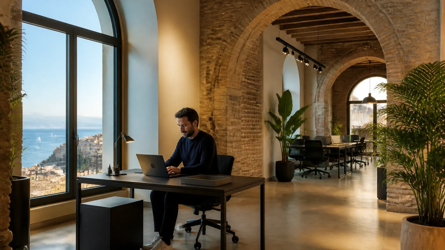 Espaço colaborativo para home office itinerante Italia combinando arquitetura histórica e tecnologia.