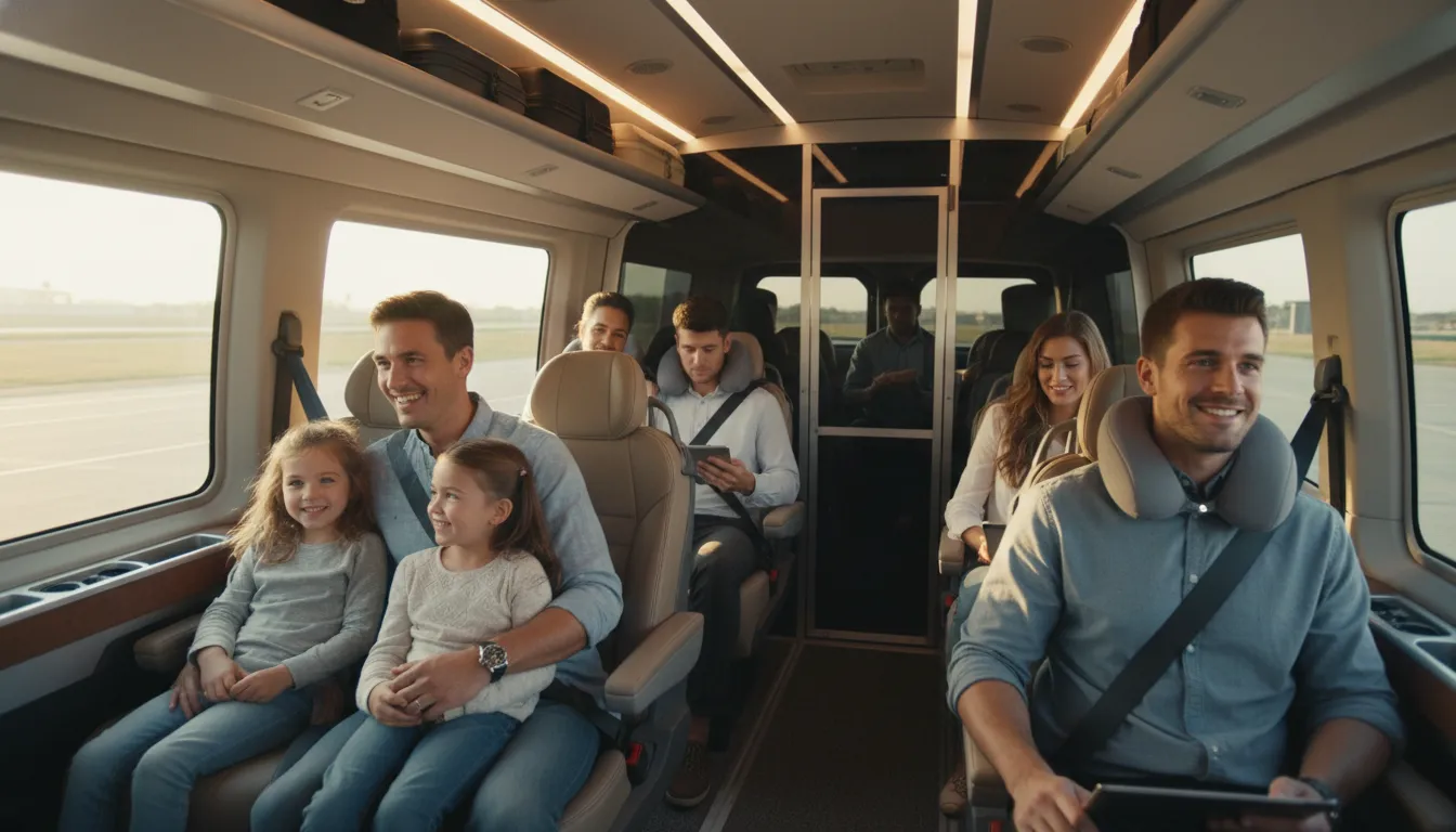 Passageiros felizes e relaxados dentro de van moderna, desfrutando viagem segura com proteção van passageiros.