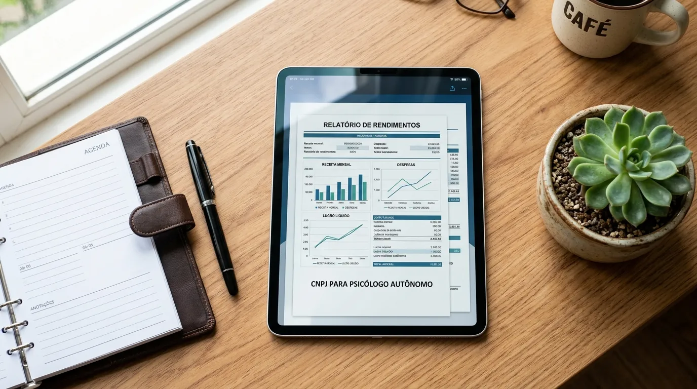 Mesa de trabalho com tablet mostrando relatórios financeiros sobre a transição de cnpj para psicologo autonomo.