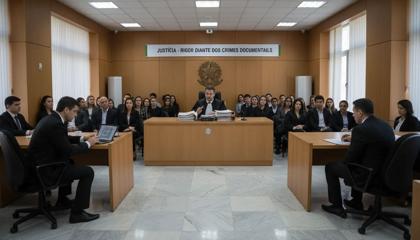 Juiz analisando documentos em tribunal, mostrando seriedade dos processos de falsidade ideológica.
