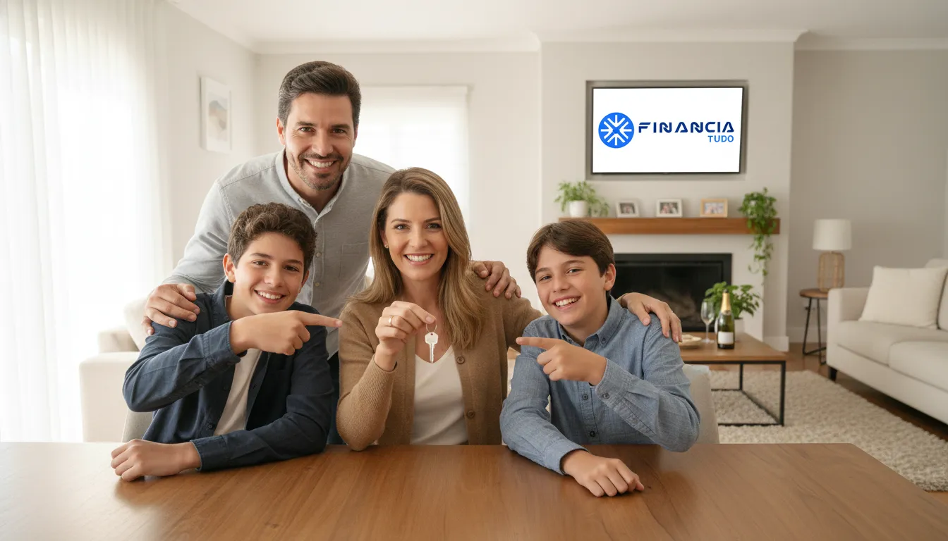 Família reunida celebrando a casa nova, pensando em quanto posso pegar no empréstimo com imóvel para projetos futuros.