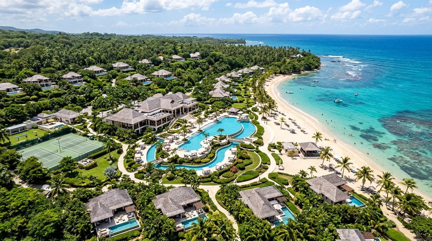 Vista aerea de grande estrutura de resort all inclusive a beira mar.