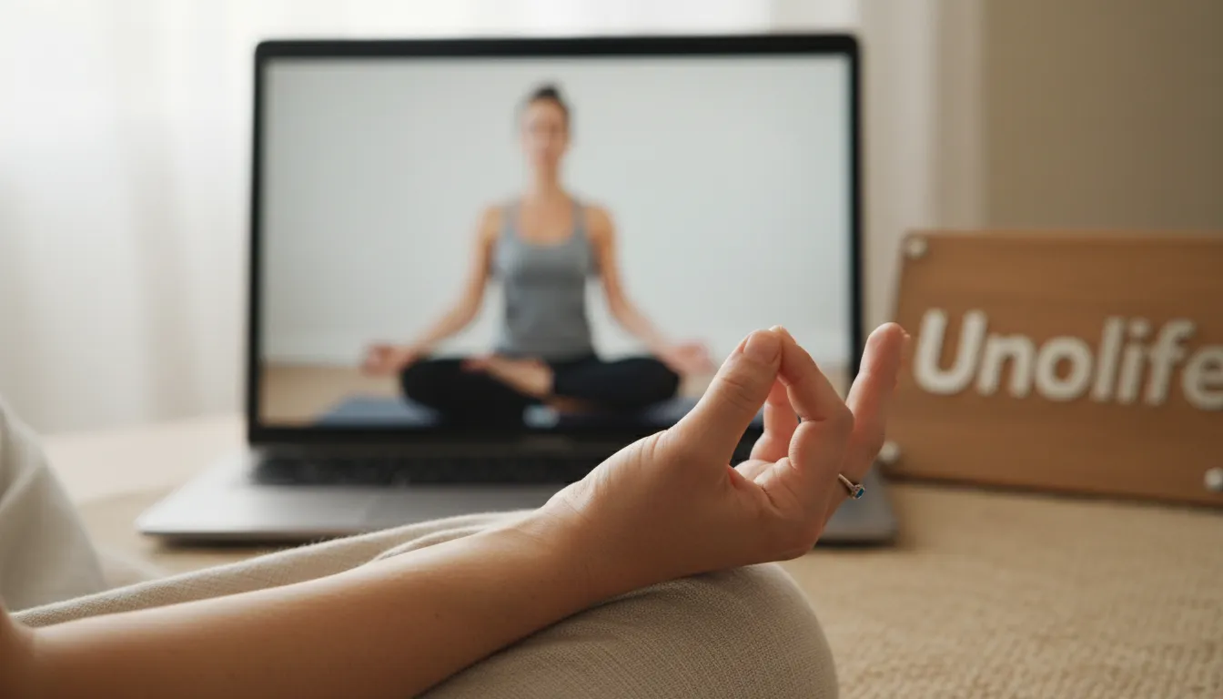 Detalhe das mãos em um mudra de yoga online para ansiedade, com um instrutor ao fundo. A imagem representa a atenção plena e o bem-estar mental promovidos pela Unolife.