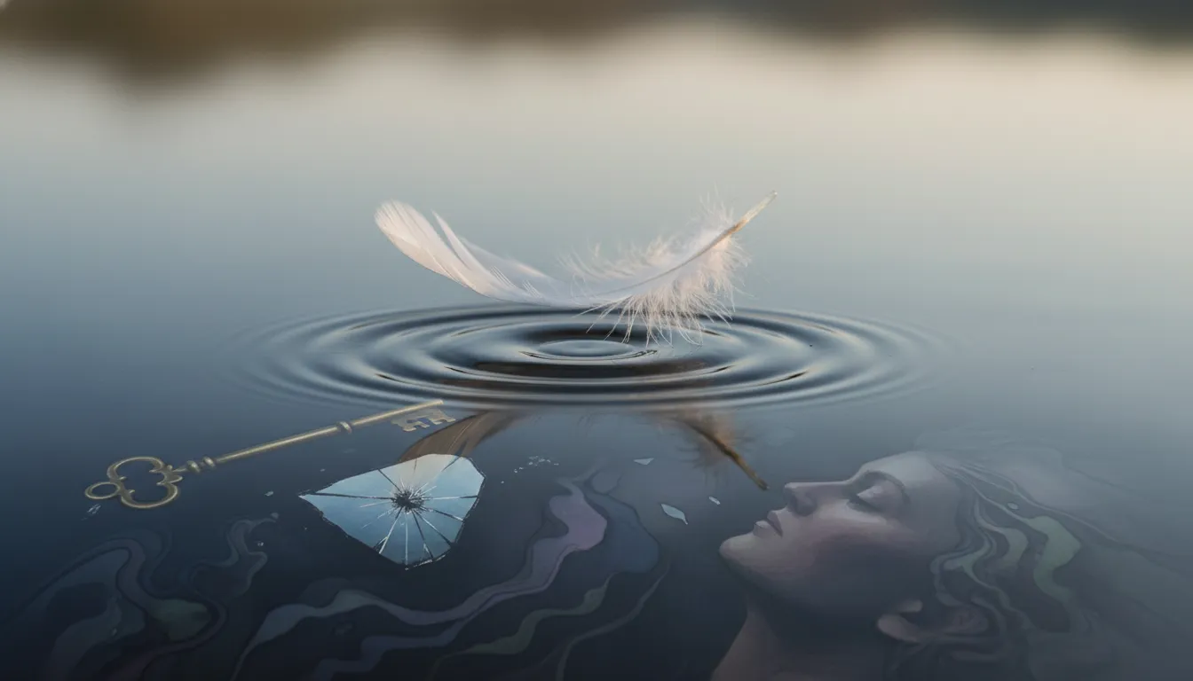 Pena caindo em água calma, reflexos distorcidos submersos, simbolizando a psicanálise e o inconsciente profundo.