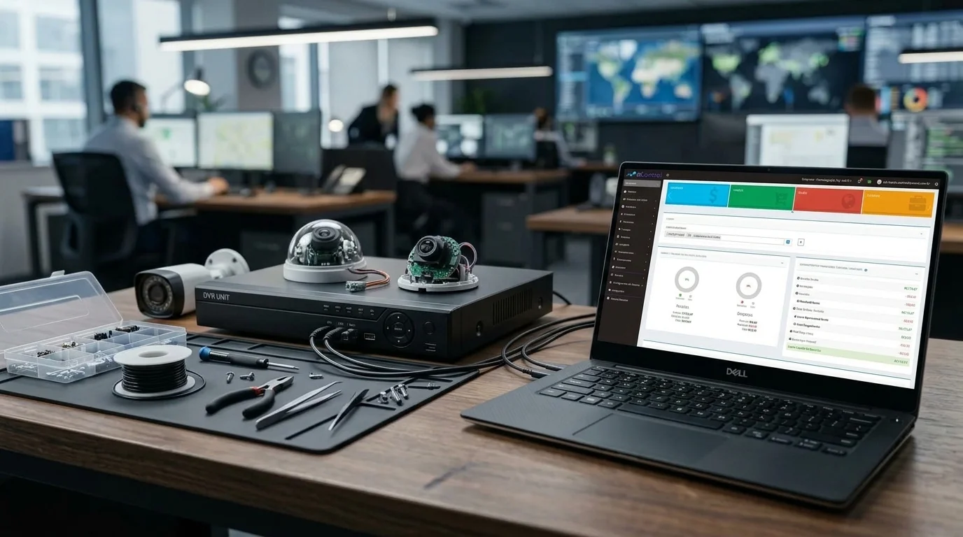 Computador exibindo planilha de controle de estoque com equipamentos de CFTV ao lado.
