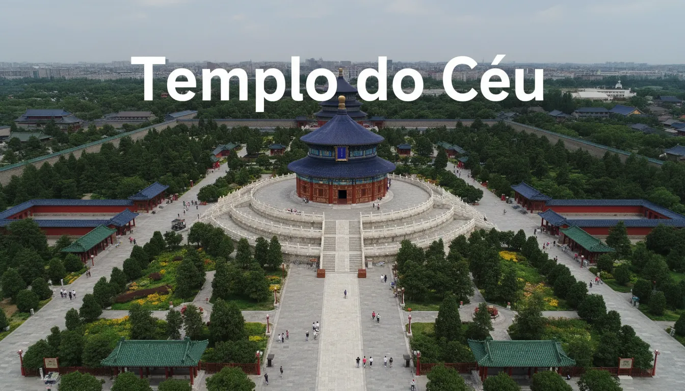 Vista aérea do complexo do templo do céu, mostrando o Altar Circular e o Jardim circundante. Destaque para a vastidão e beleza do local.