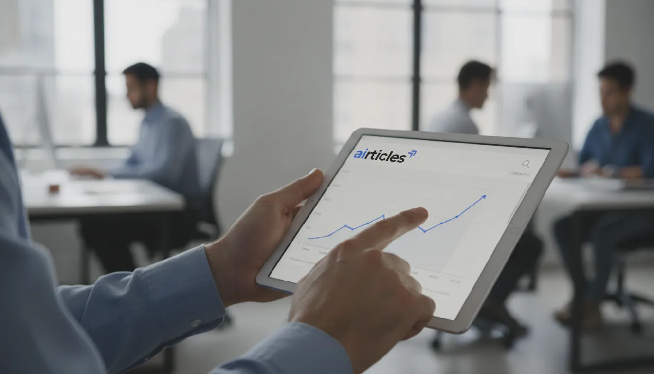 Mãos interagindo com tablet exibindo interface de Google SEO tools em escritório moderno de Manhattan.