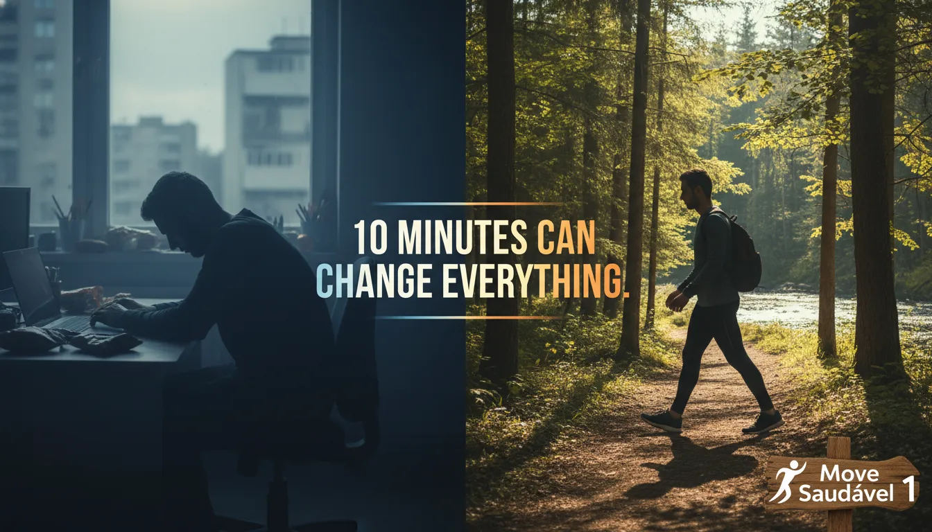 Infográfico contrastando o antes e depois de uma caminhada 10 minutos por dia, mostrando a mudança no corpo e na postura.