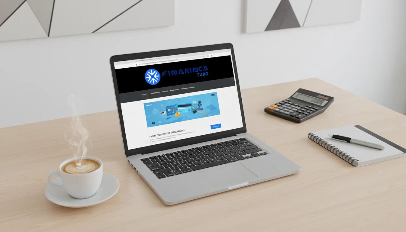 Visão de cima de um espaço de trabalho com notebook mostrando crédito para autônomos com garantia aprovação no site da Financia Tudo.