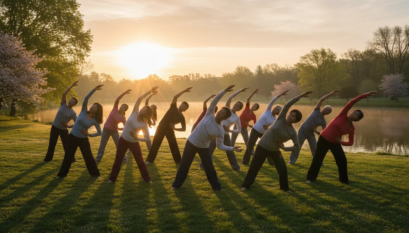 Pessoas de várias idades praticam yoga ao ar livre ao nascer do sol, cultivando um comportamento positivo de bem-estar.