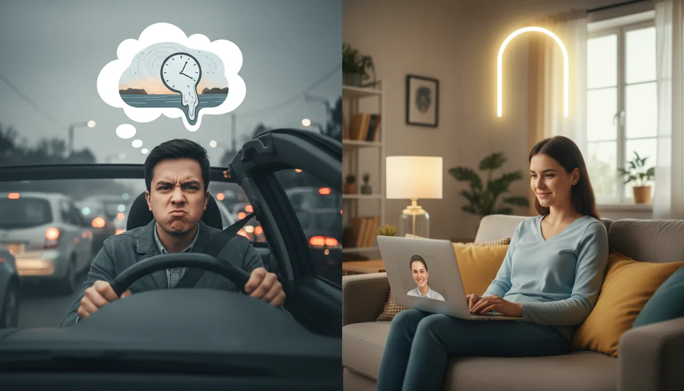 Imagem comparando o tempo perdido no trânsito para terapias presenciais versus a praticidade e o acesso rápido das terapias online no conforto do lar.