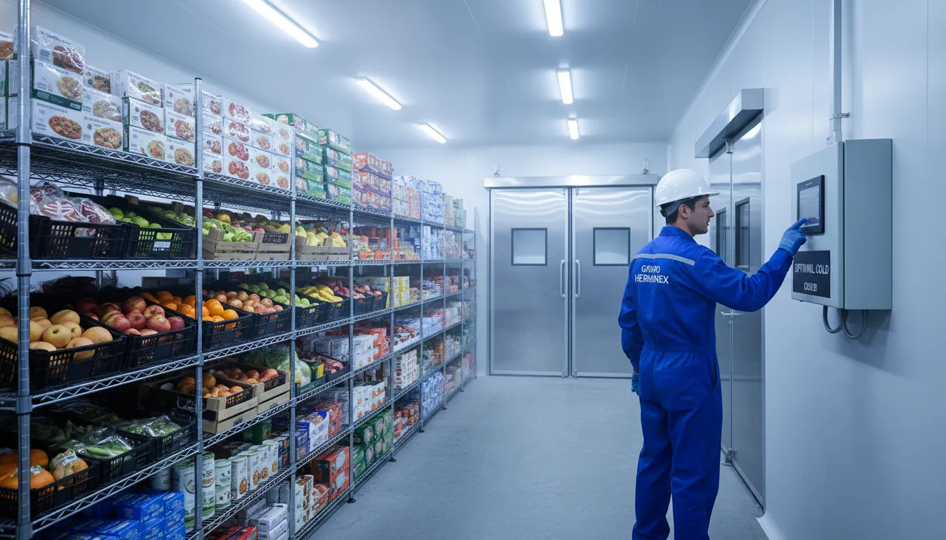 Engenheiro inspeciona a eficiência de uma câmara frigorífica, assegurando a qualidade na climatização e instalacao ar-condicionado.