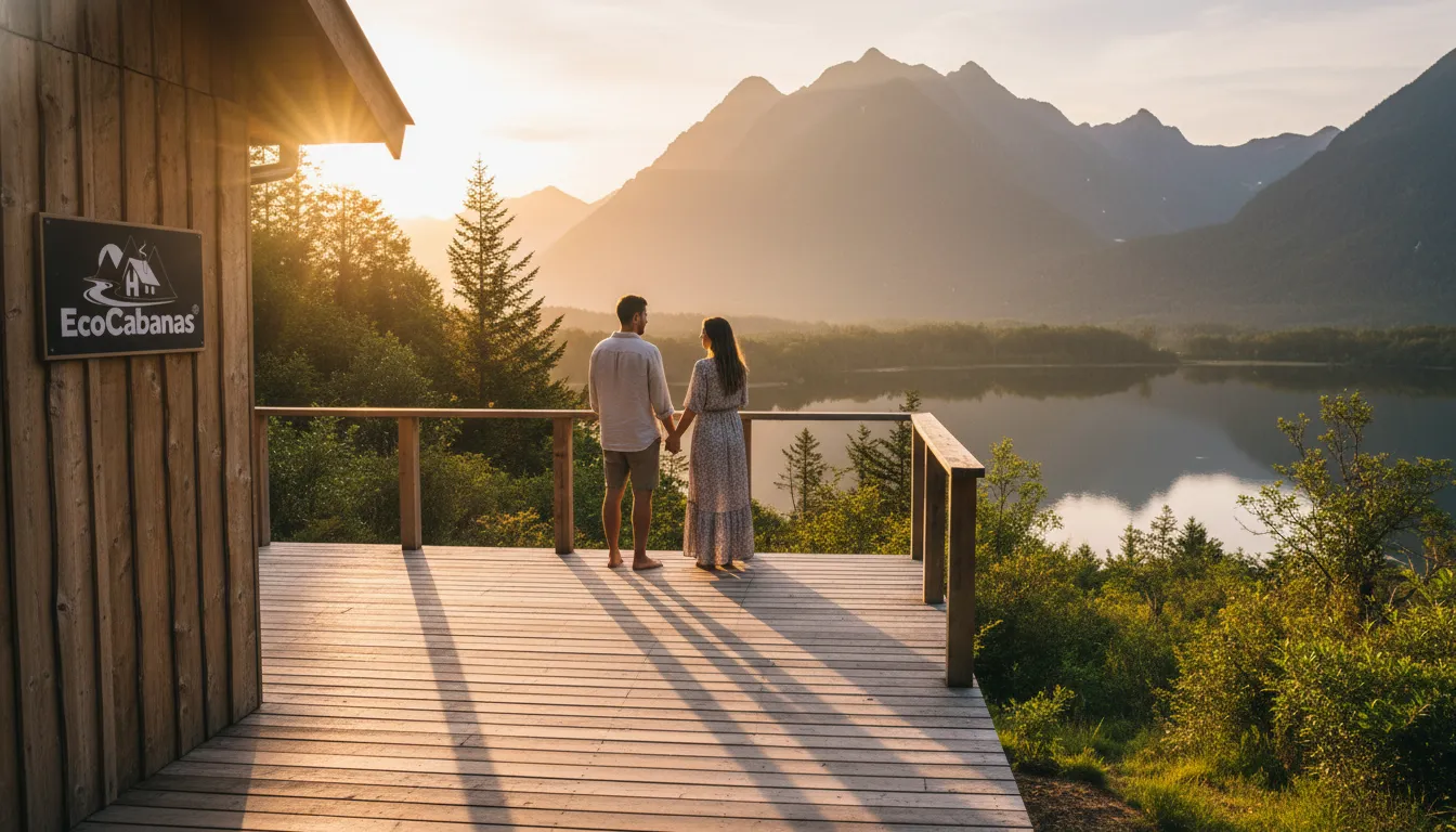 Casal desfruta pôr do sol em deck de cabana, vista espetacular de pousada ecológica em meio natureza.