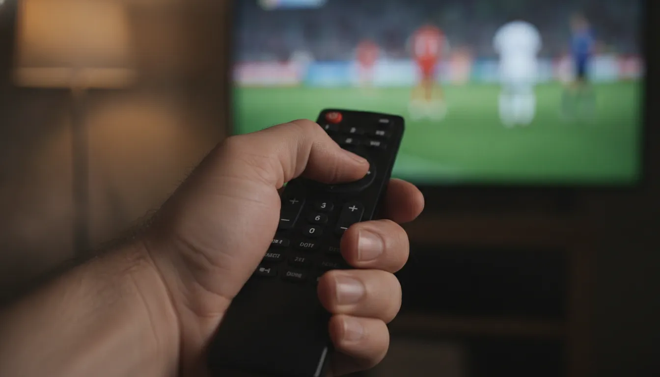 Mão apertando controle remoto, mostrando ansiedade e descontrole emocional durante jogo da Copa do Mundo. Busque terapia online.
