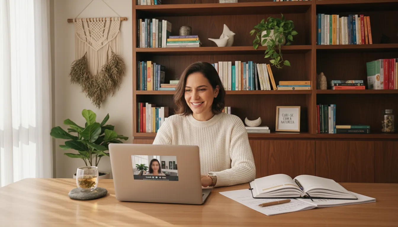 Profissional de saúde em atendimento online em ambiente acolhedor e energizado, simbolizando bem-estar.