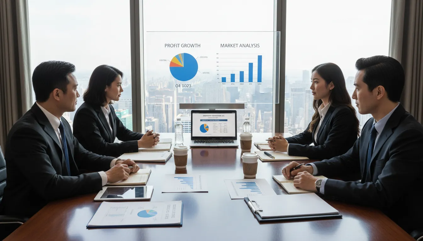 Equipe de consultoria reunida analisando relatórios, destacando a importância do apoio profissional nos EUA.