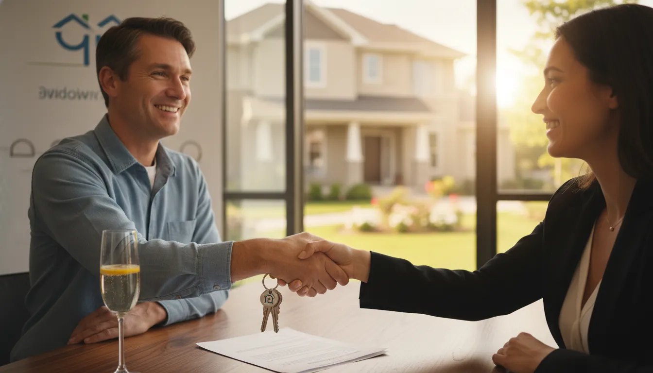 Próxima Chave garante segurança e sucesso ao vender imóvel financiado. Casal feliz com chaves entregues e um bom negócio fechado.