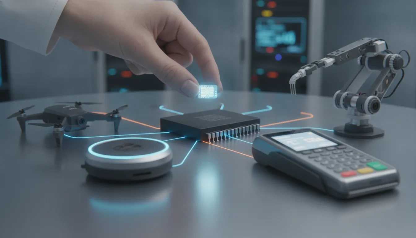 Dispositivos IoT conectados, com eSIM IoT em destaque, ilustrando a migração do chip M2M.