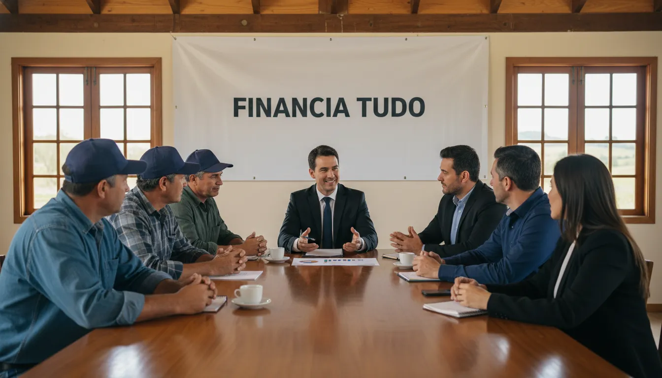 Pessoas diversas reunidas com um representante da Financia Tudo discutindo planos financeiros, transmitindo confiança para o financiamento de caminhões.