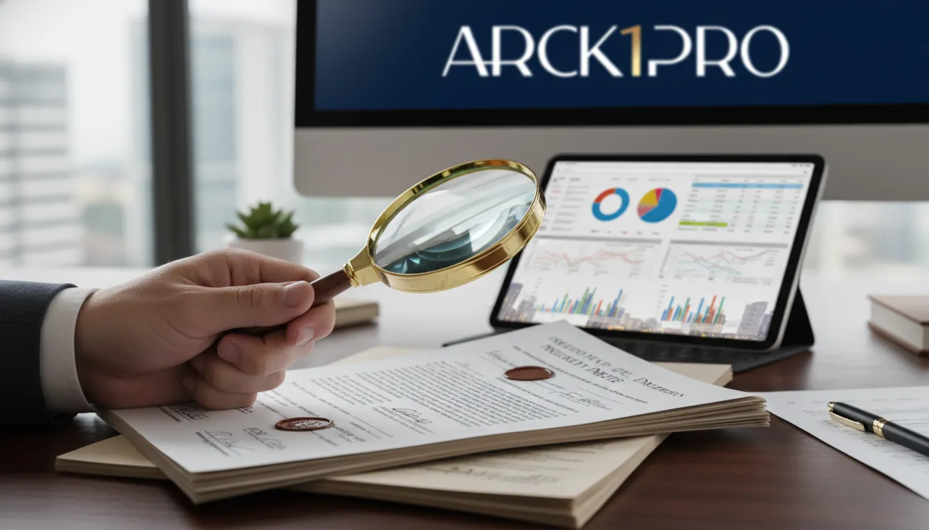 Mão com lupa examinando documentos legais e financeiros, representando a due diligence imobiliária minuciosa de um projeto.