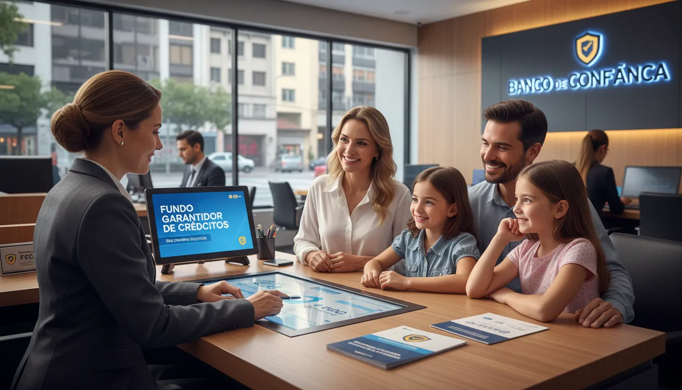 Família recebe orientação sobre a garantia do FGC em agência bancária com ambiente acolhedor.