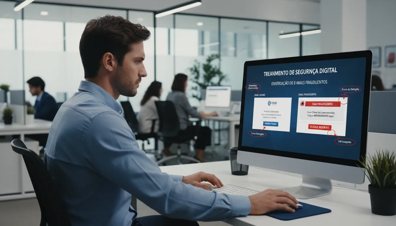 Profissional aprende a identificar tentativas de phishing em curso de segurança digital em ambiente de trabalho.