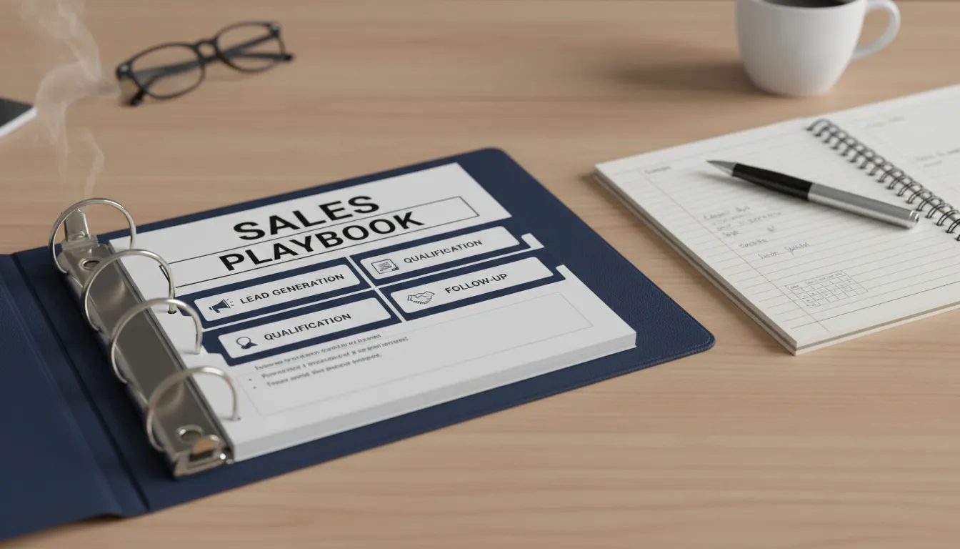 Um binder de playbook de vendas bem organizado em uma mesa, com seções para geração de leads, qualificação e fechamento. Melhore o onboarding comercial com playbook de vendas.