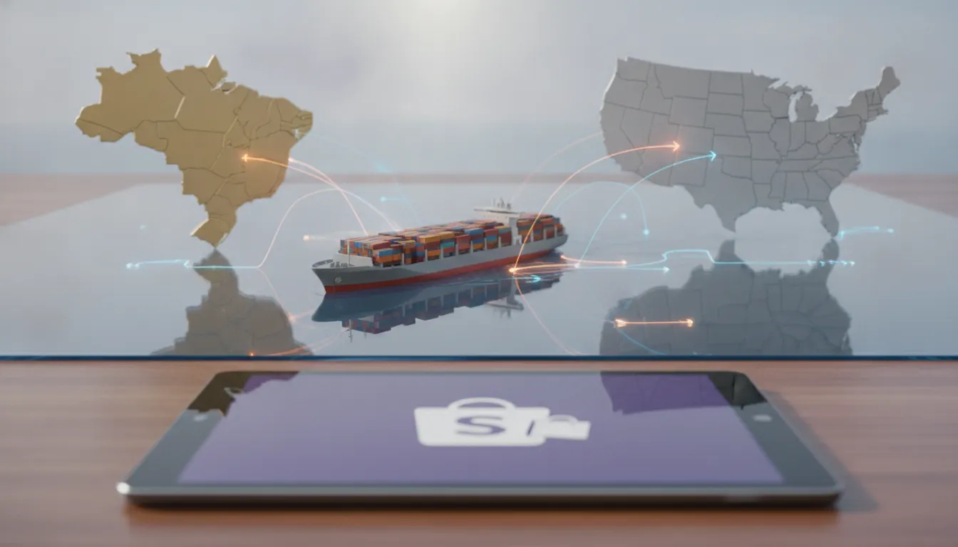 Navio conectando Brasil e EUA, simbolizando comércio Shopify para brasileiros vender nos EUA.