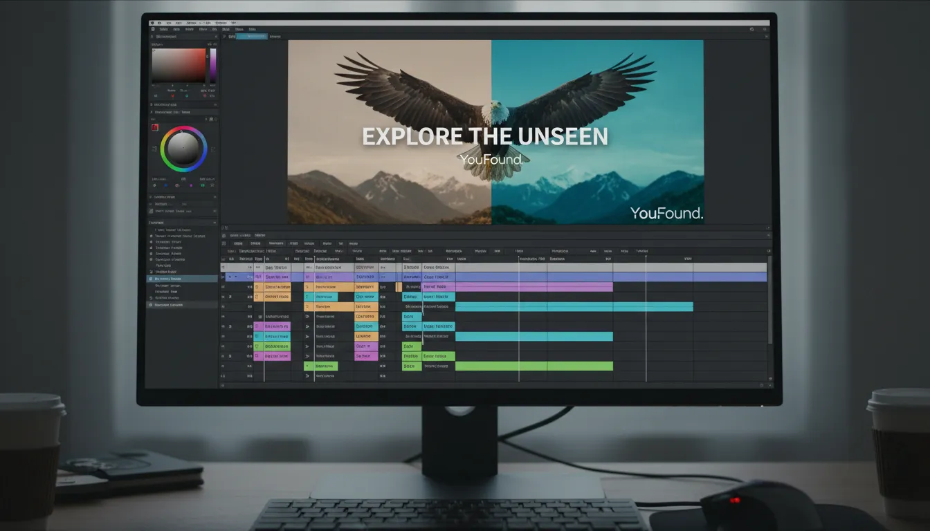 Tela de edição de vídeo mostrando a atenção aos detalhes da YouFound na criação de uma identidade visual impactante para vídeos.
