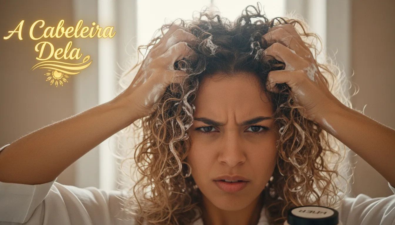 Mulher com cabelo cacheado ressecado aplicando produto, talvez de forma errada, evidenciando a necessidade de técnica.