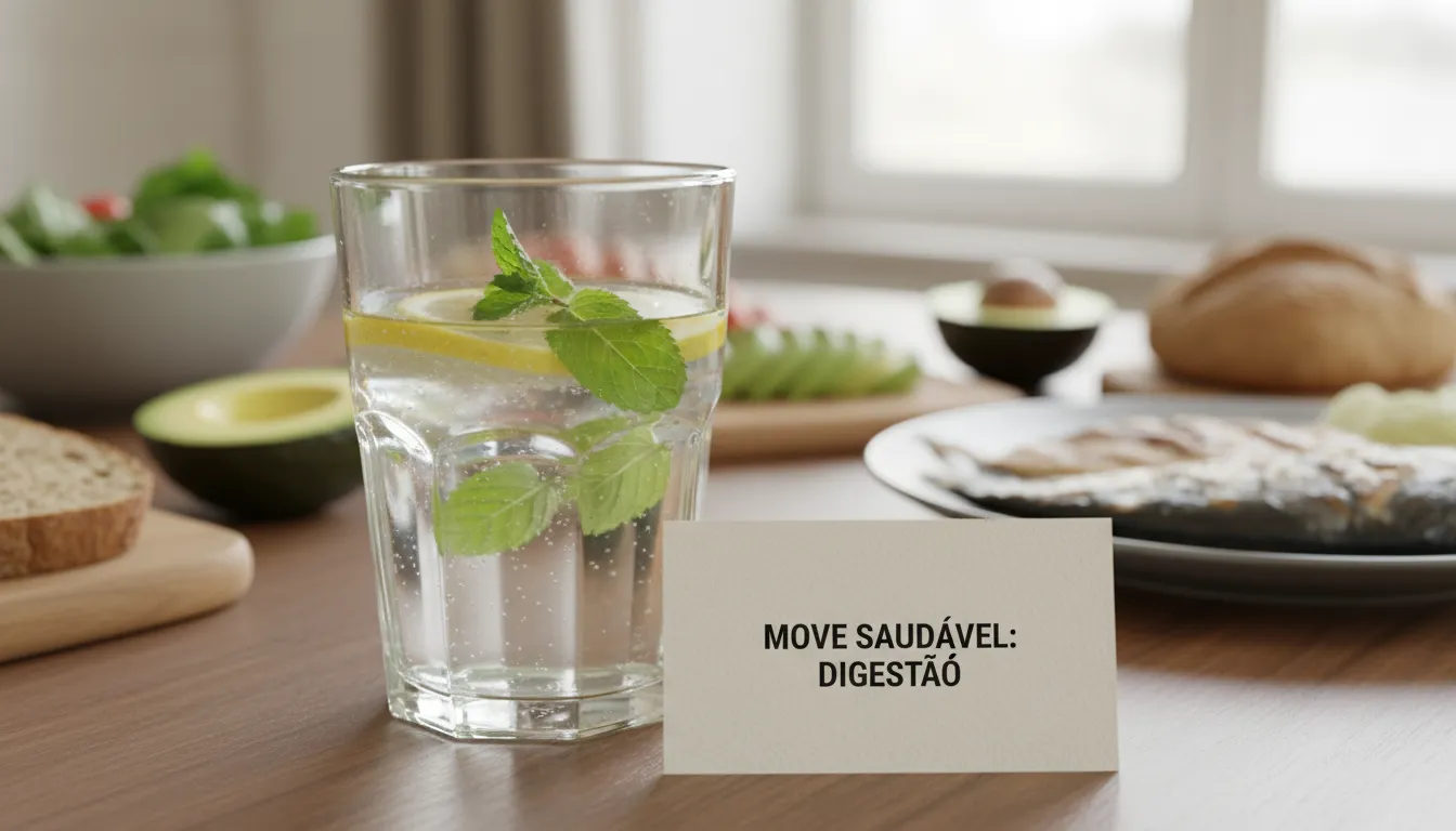 Imagem em close-up de água com limão e hortelã, destacando a importância da hidratação para melhorar a digestão naturalmente. Cartão da Move Saudável visível.