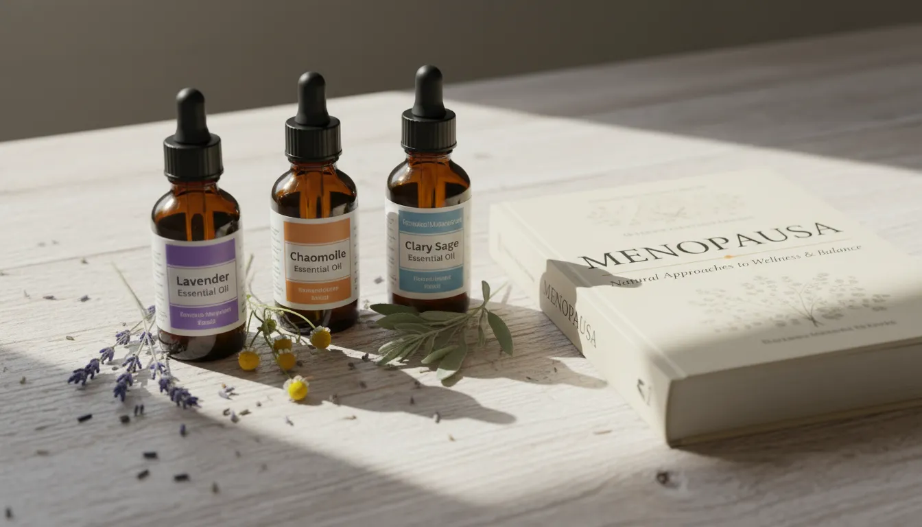 Frascos de óleos essenciais para aromaterapia na menopausa, exibindo opções naturais para alívio dos sintomas e promoção do equilíbrio hormonal.