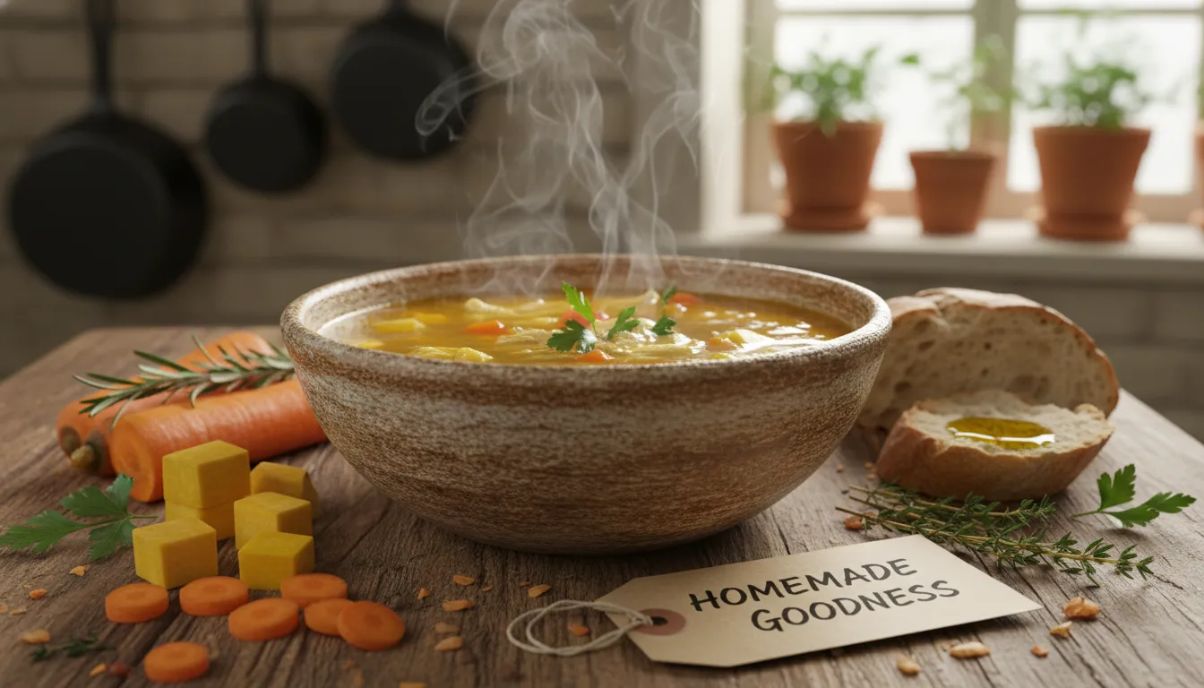 Detalhe de sopa de legumes e frango em tigela rústica, com ingredientes frescos ao redor.