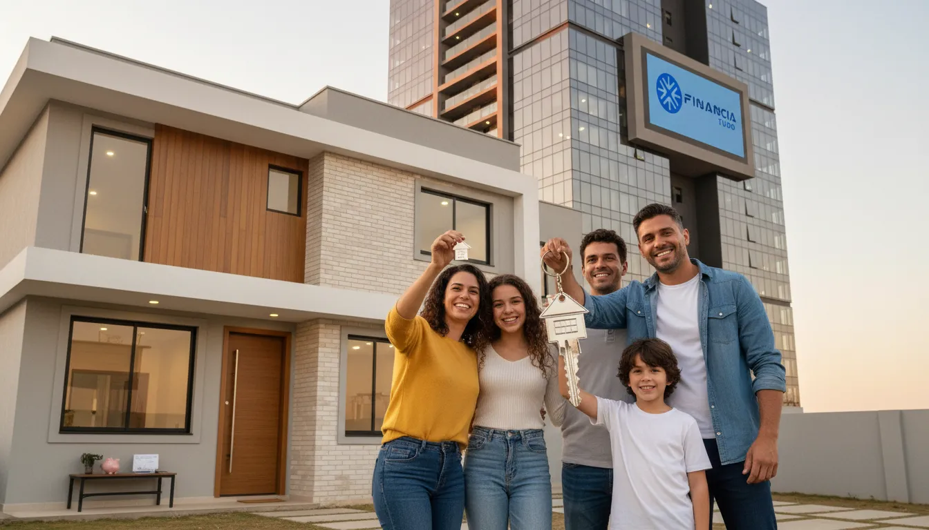 Família feliz conquista casa própria com planejamento para crédito com imóvel em garantia.