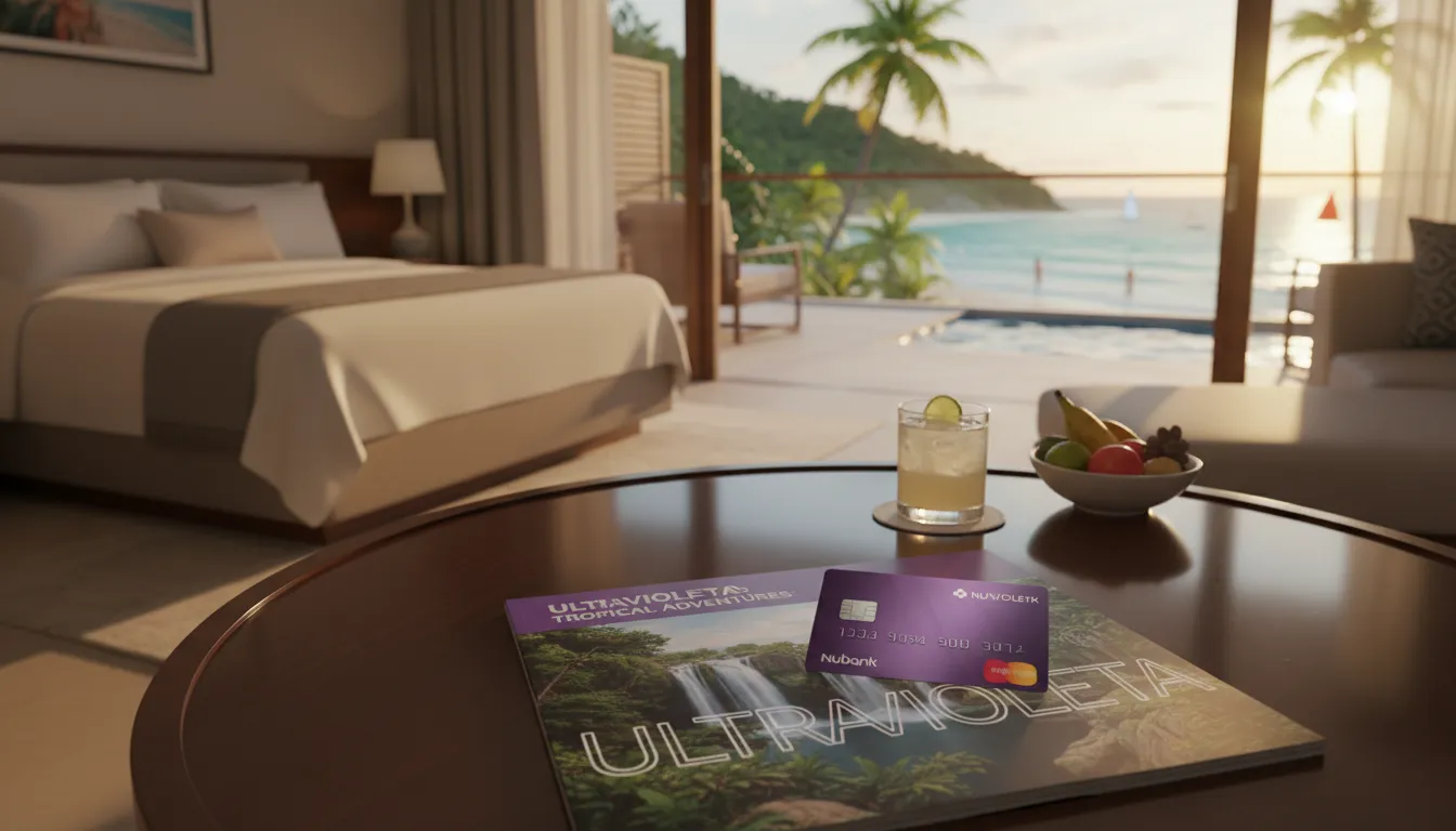 Suíte de hotel luxuosa com vista para uma praia paradisíaca, com o cartão nubank ultravioleta em evidência, representando a sofisticação e o conforto oferecidos em viagens.