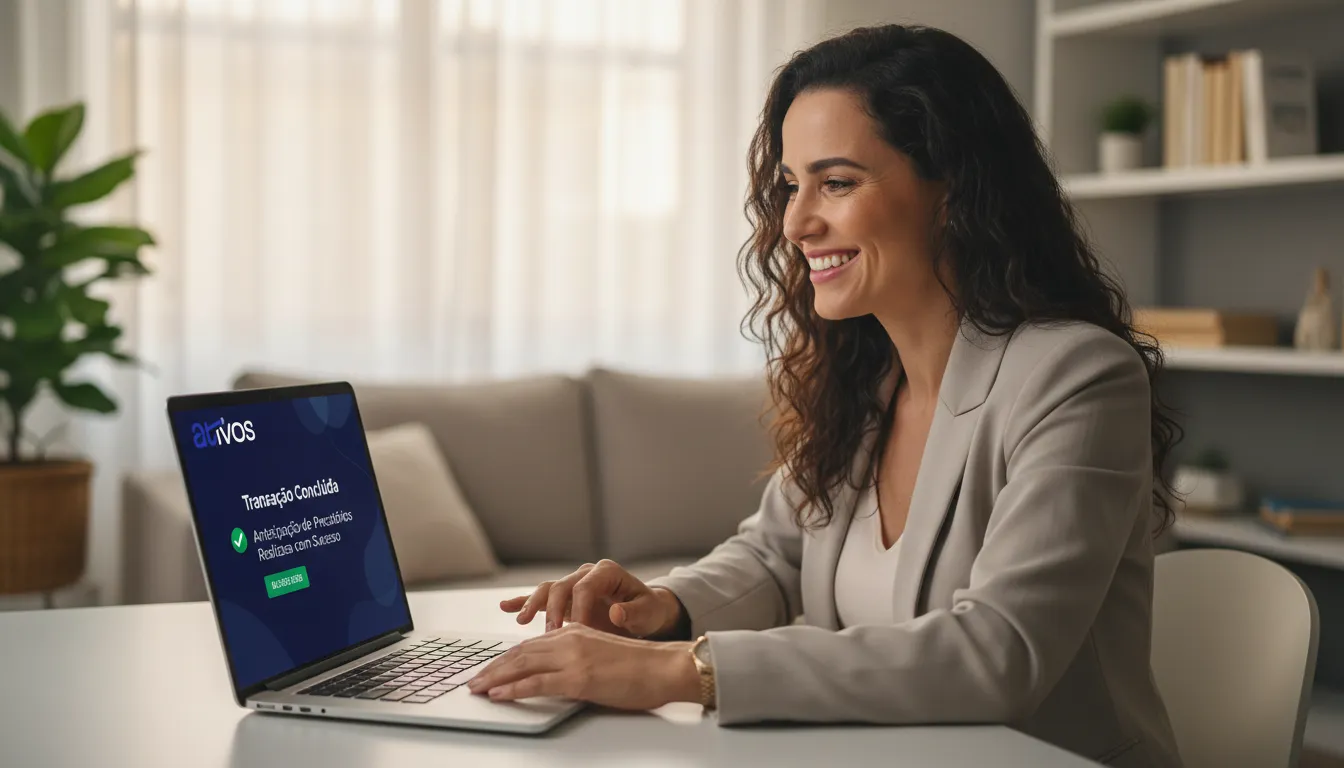 Pessoa satisfeita com a antecipação segura e rápida dos precatórios do FUNDEF via plataforma digital.