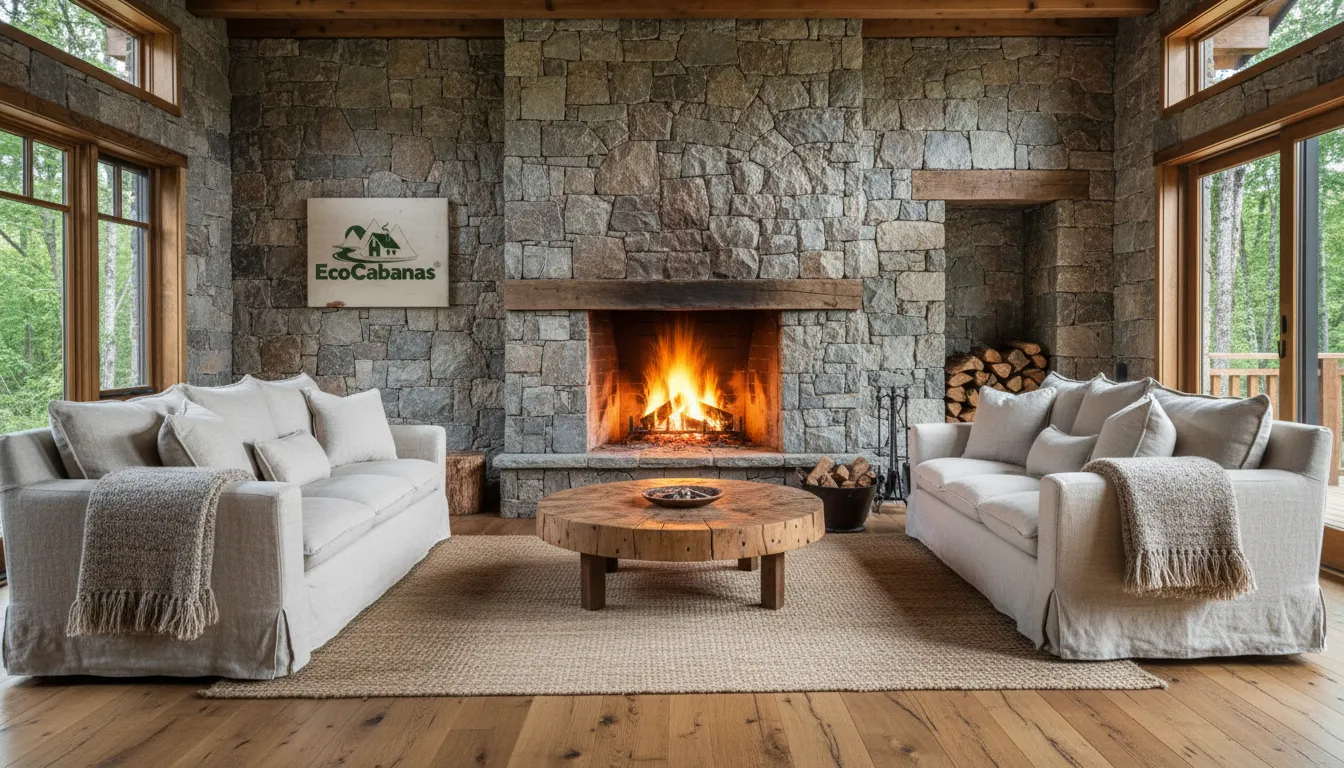 Interior de uma Eco Cabana com parede de pedra e lareira, mobiliário aconchegante, criando um ambiente acolhedor e destacando o design rústico.