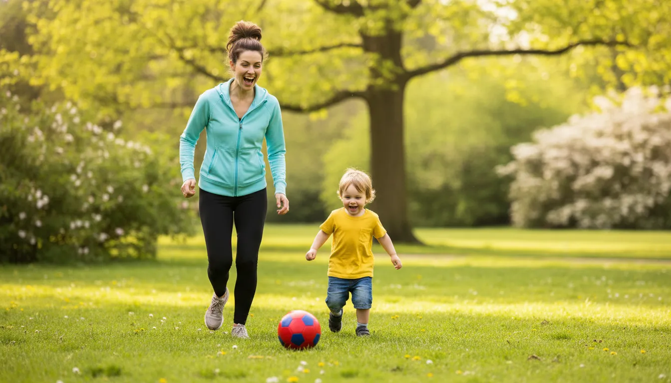 Maternidade: Mãe feliz e ativa brincando com filho no parque, mostrando a alegria da maternidade.