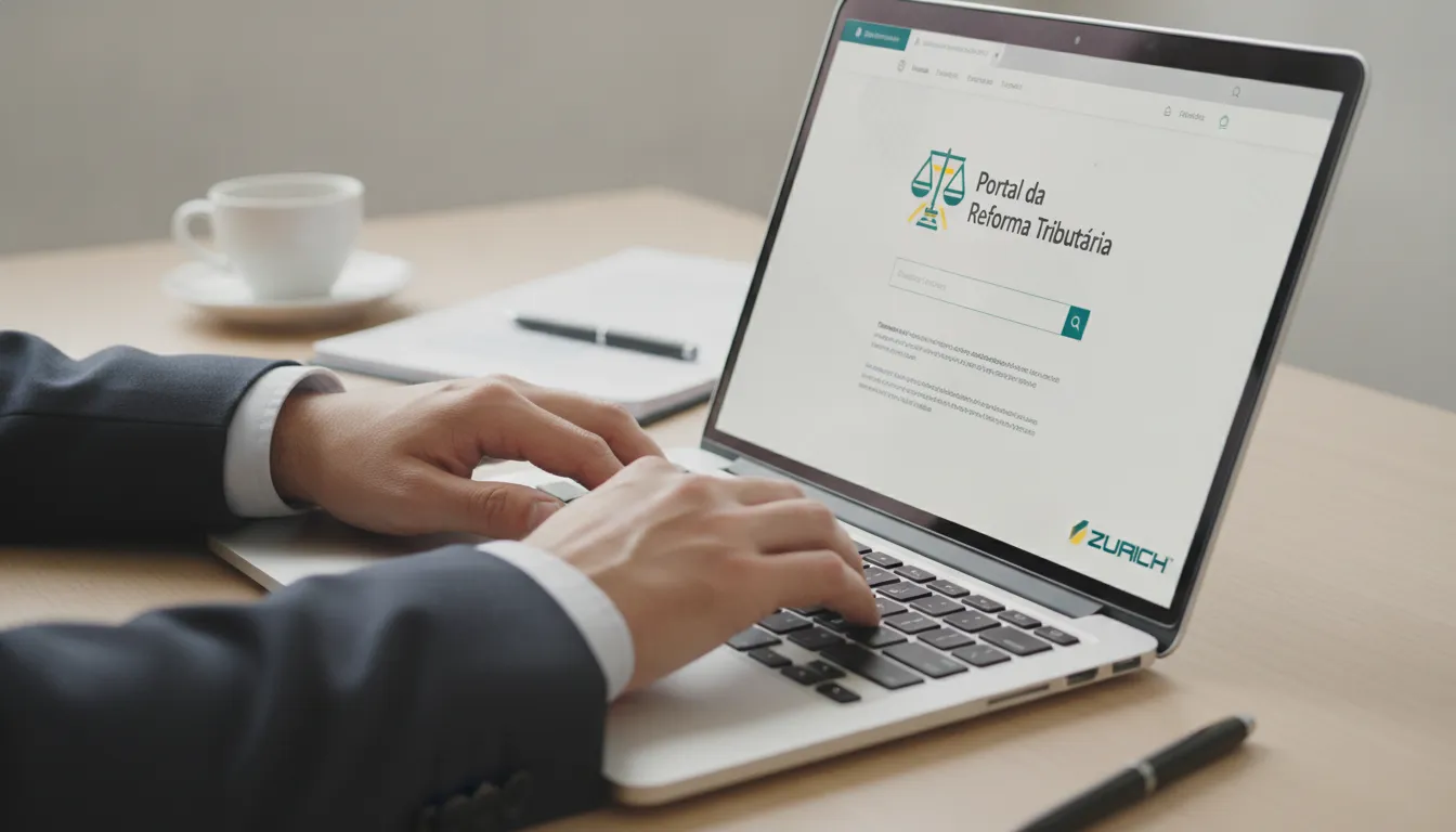 Mãos digitando em laptop acessando o portal da reforma tributária para acompanhar as mudanças fiscais.