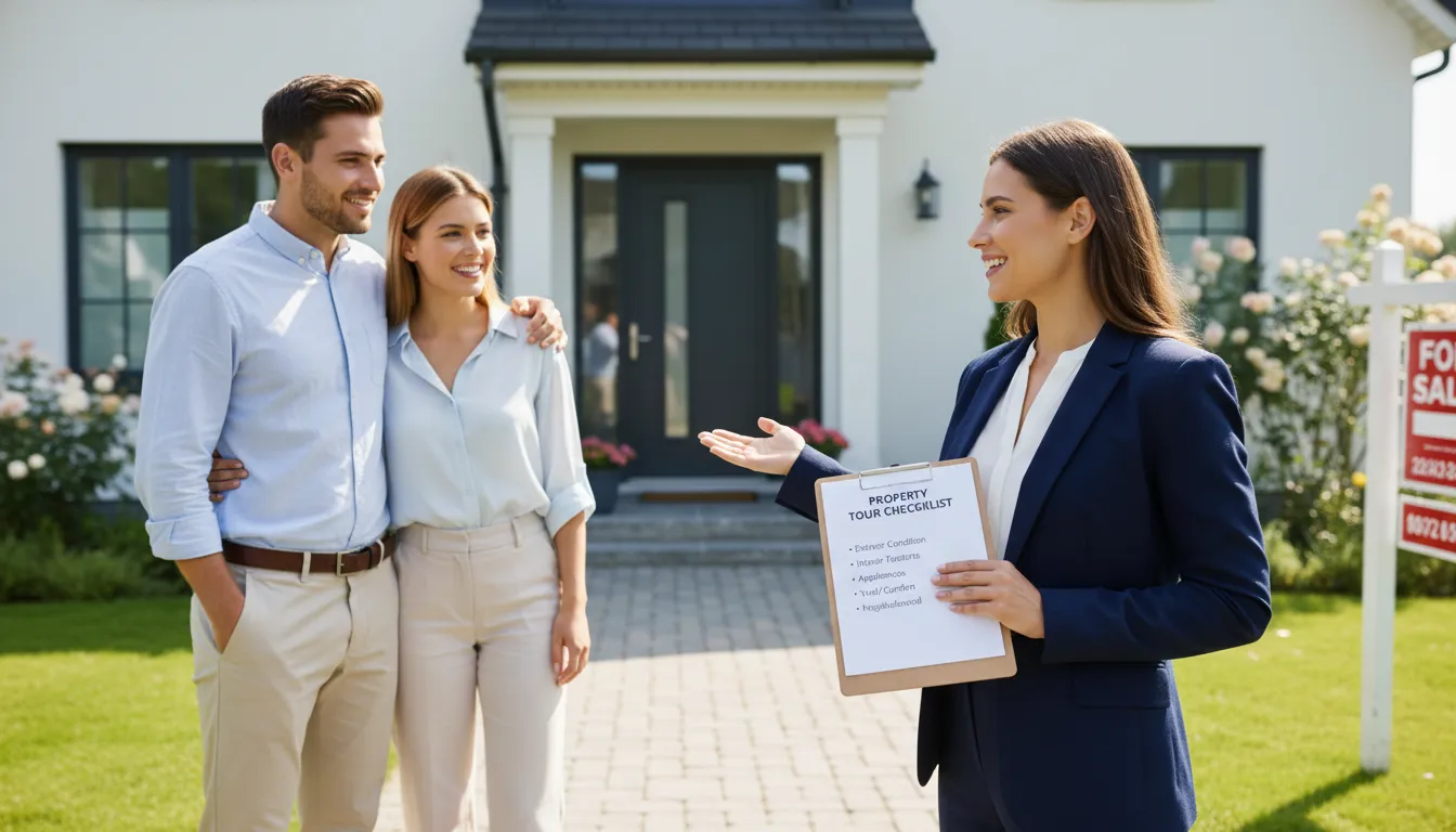 Corretor apresentando imóvel bem cuidado a clientes, destacando profissionalismo e atendimento