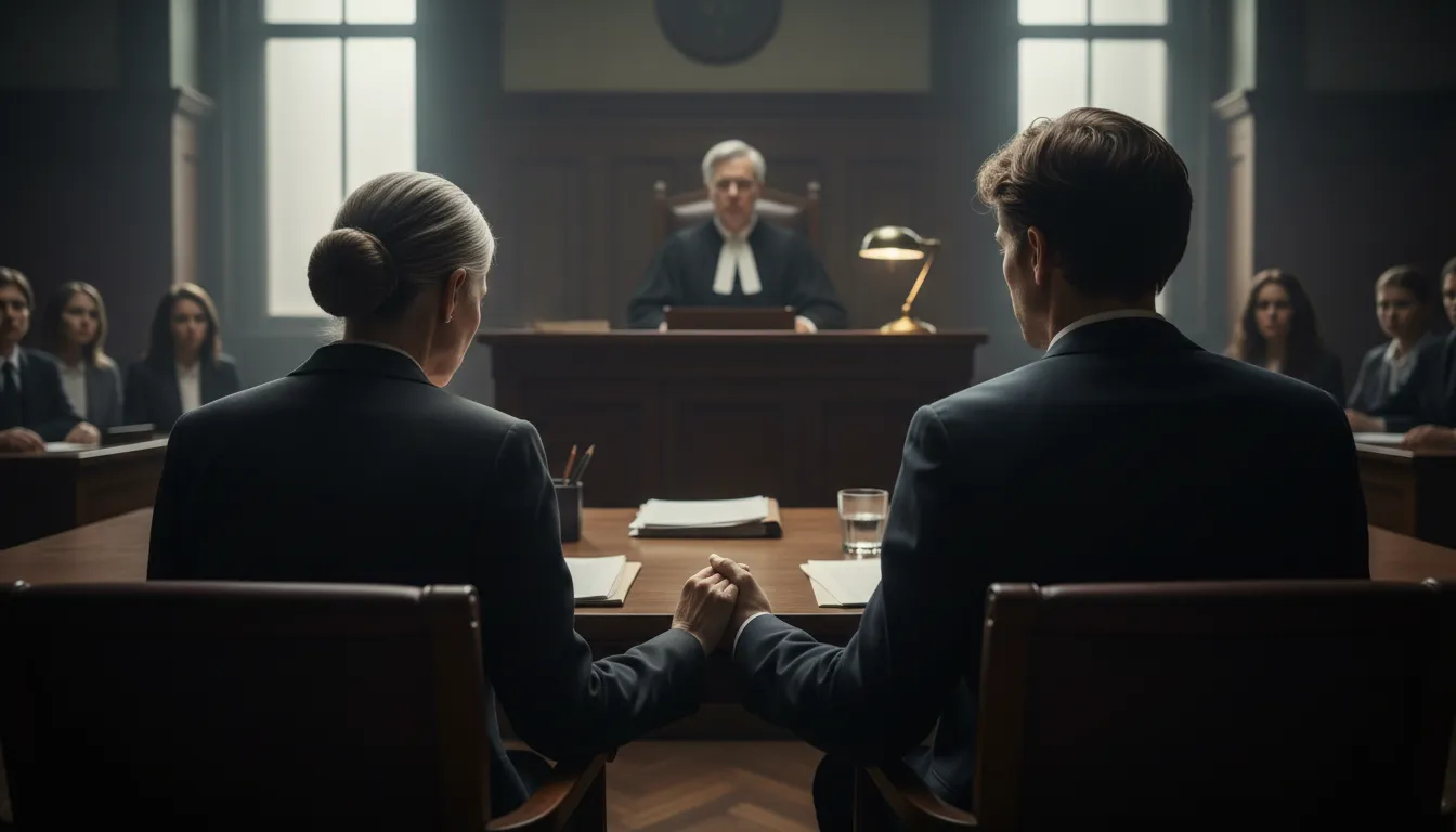 A solemn courtroom scene showing a mother son pair at the defense table, facing serious charges.