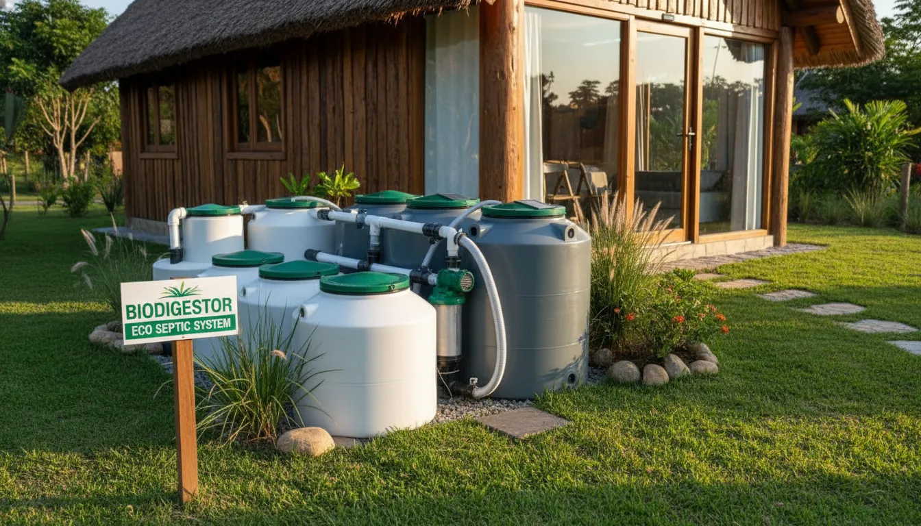 Detalhe da fossa séptica biodigestora instalada perto de um chalé da Eco Cabanas, destacando seu design moderno e a integração com a natureza.