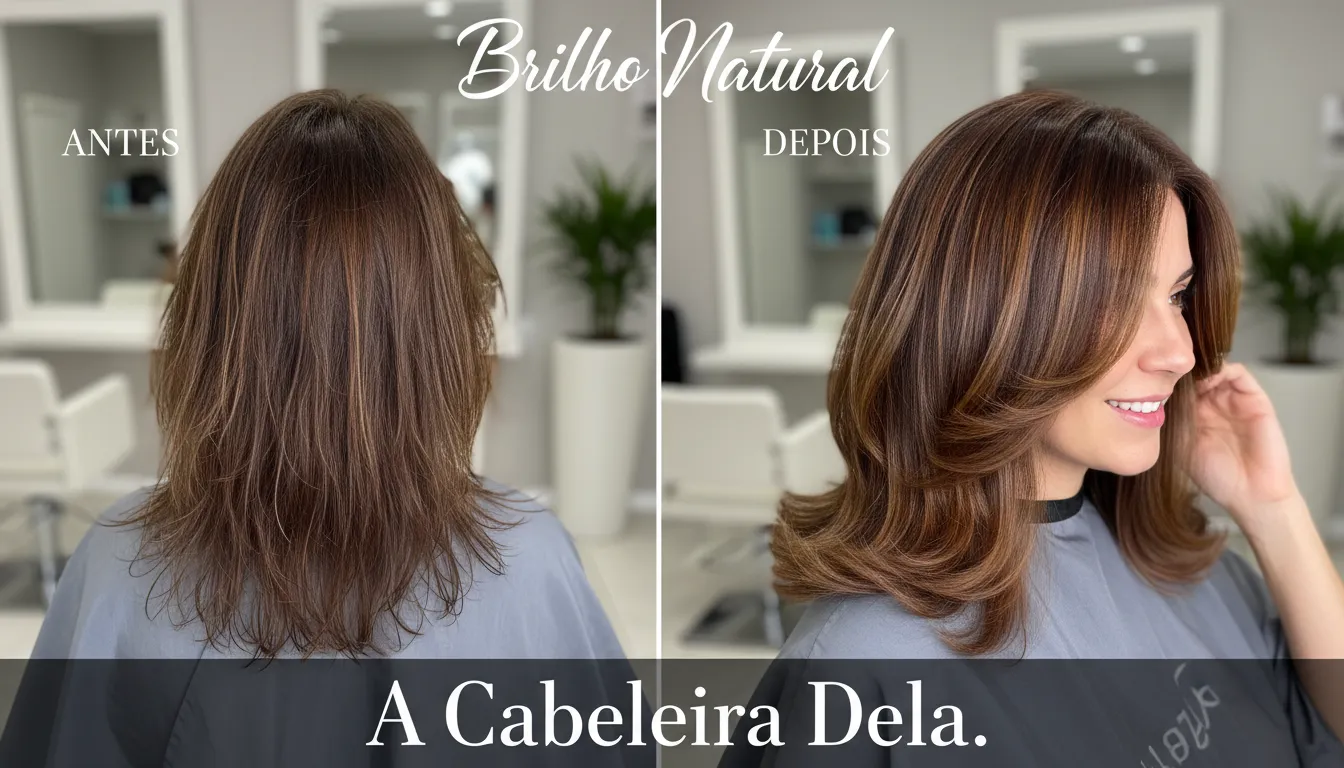 Transformação capilar: da esquerda, cabelo opaco e sem brilho; à direita, fios revitalizados e luminosos, com os cuidados de A Cabeleira Dela.