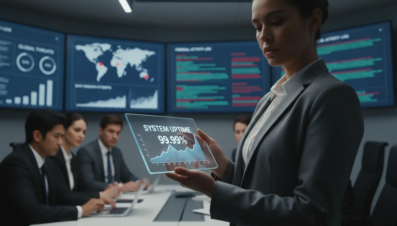 Equipe analisa estatísticas de segurança e disponibilidade em sala de reuniões corporativa.